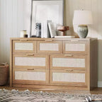 Commode large à 7 tiroirs en bois de rotin pour chambre à coucher, style fermier