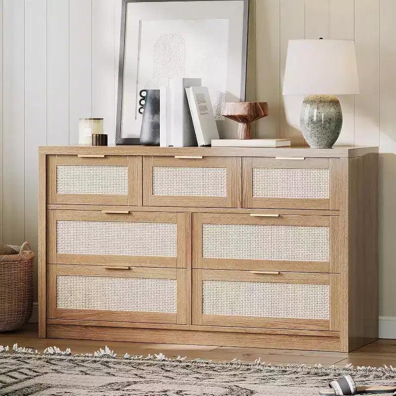 Commode large à 7 tiroirs en bois de rotin pour chambre à coucher, style fermier