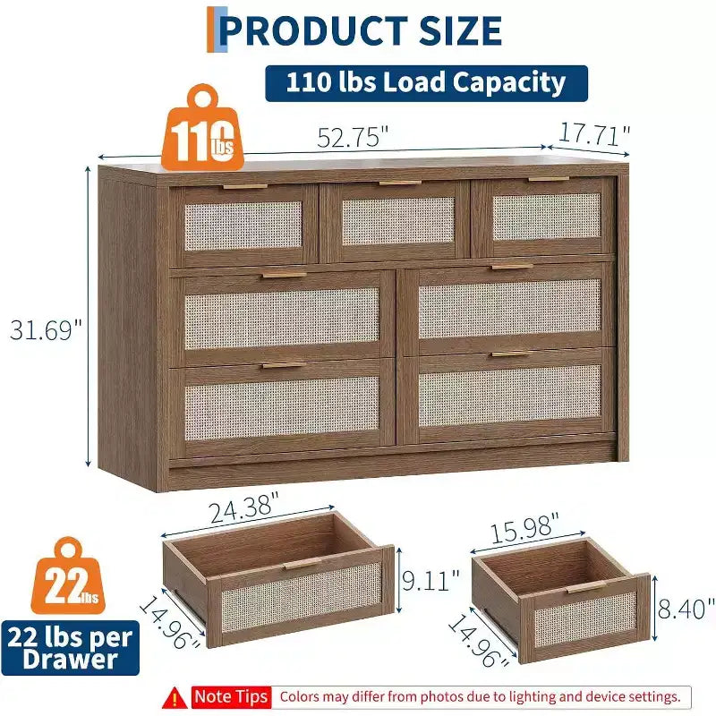 Commode large à 7 tiroirs en bois de rotin pour chambre à coucher, style fermier