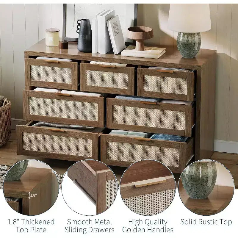 Commode large à 7 tiroirs en bois de rotin pour chambre à coucher, style fermier