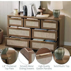 Commode large à 7 tiroirs en bois de rotin pour chambre à coucher, style fermier