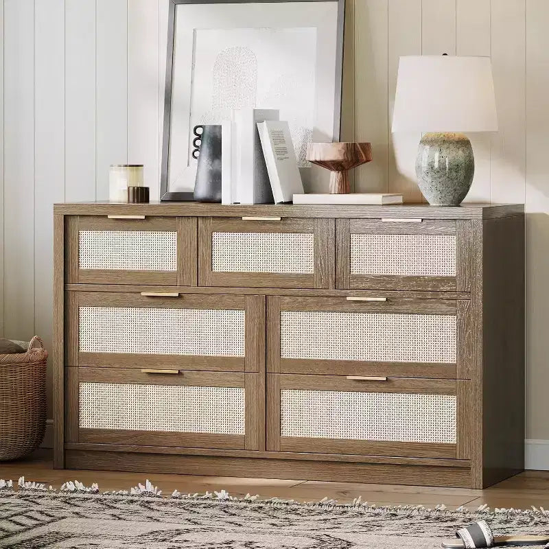 Commode large à 7 tiroirs en bois de rotin pour chambre à coucher, style fermier