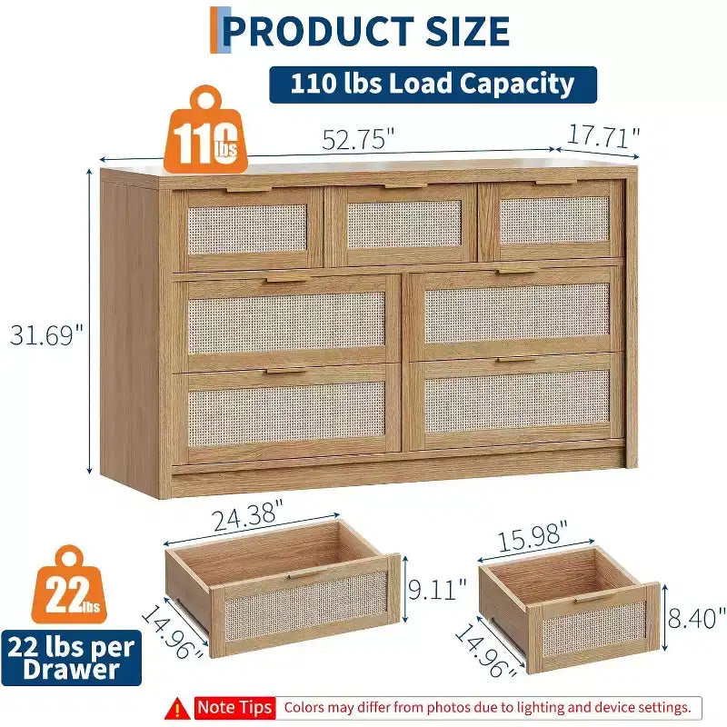 Commode large à 7 tiroirs en bois de rotin pour chambre à coucher, style fermier