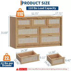 Commode large à 7 tiroirs en bois de rotin pour chambre à coucher, style fermier