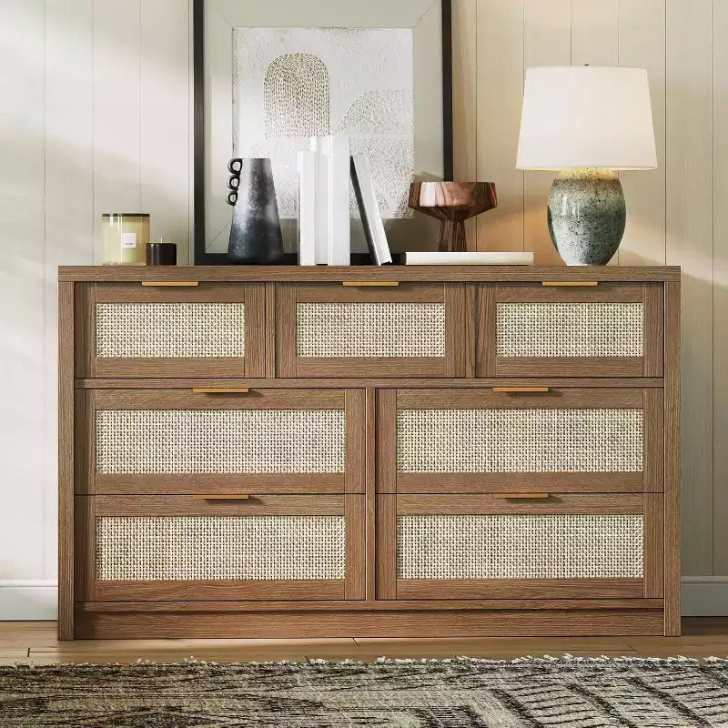 Rattan Wood 7 Drawers Dresser for Bedroom Wide Chests of Drawers with Golden Handles Farmhouse Closet Dresser TV Stand for Living Room Hallway