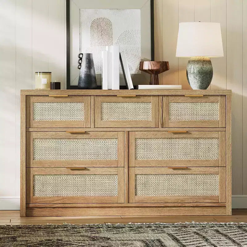Commode large à 7 tiroirs en bois de rotin pour chambre à coucher, style fermier