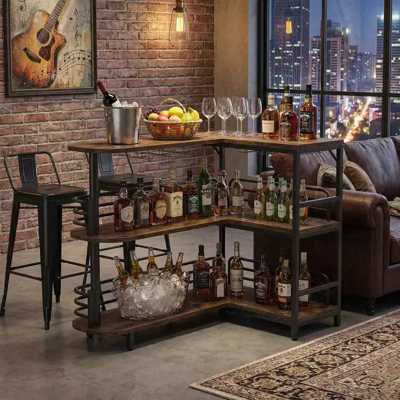 MAYEERTY L-Shaped 3-Tier Liquor Bar Table Home Bar Unit with Wine Glasses Holder