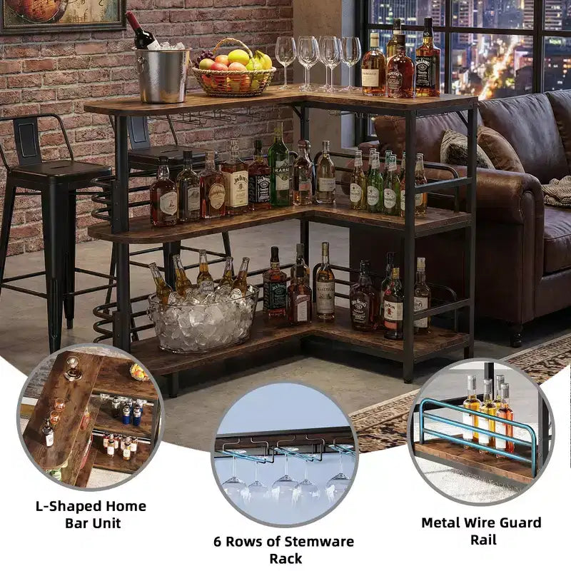 Meuble de bar d'angle en L à 3 niveaux avec porte-verres à vin