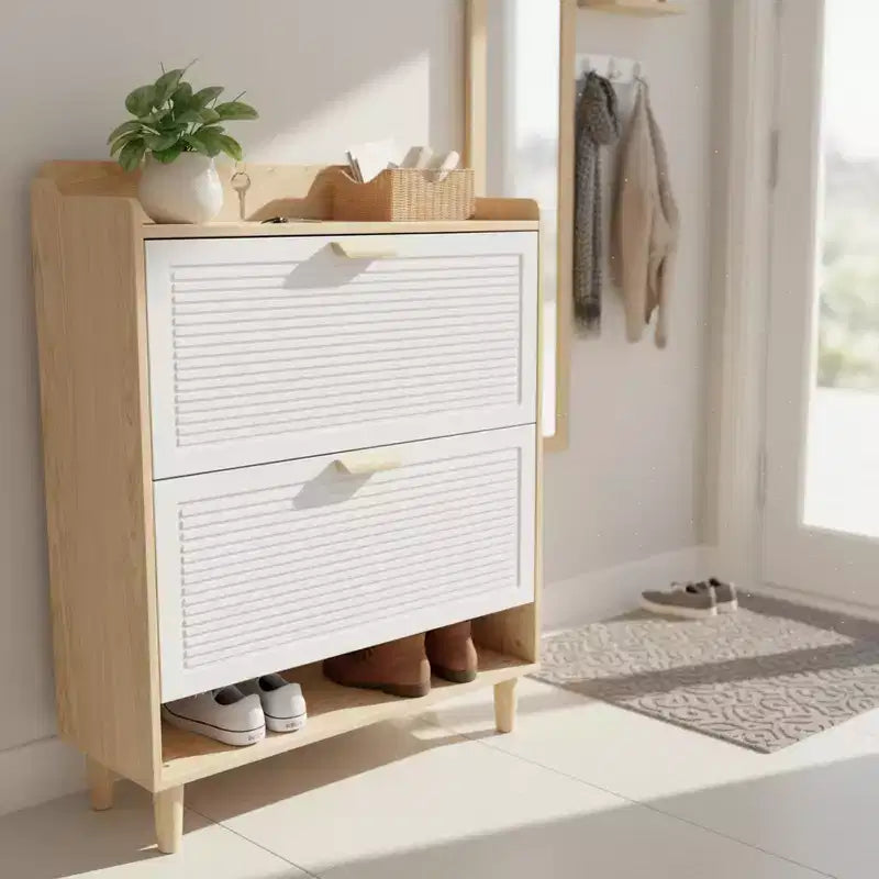 Homy Casa 2-Tier Flip Drawer Shoe Storage Cabinet with Solid Wood Legs for Entryway Natural