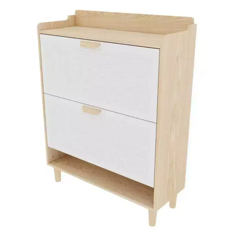 Meuble à chaussures 2 niveaux avec tiroirs basculants et pieds en bois massif