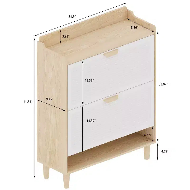 Meuble à chaussures 2 niveaux avec tiroirs basculants et pieds en bois massif