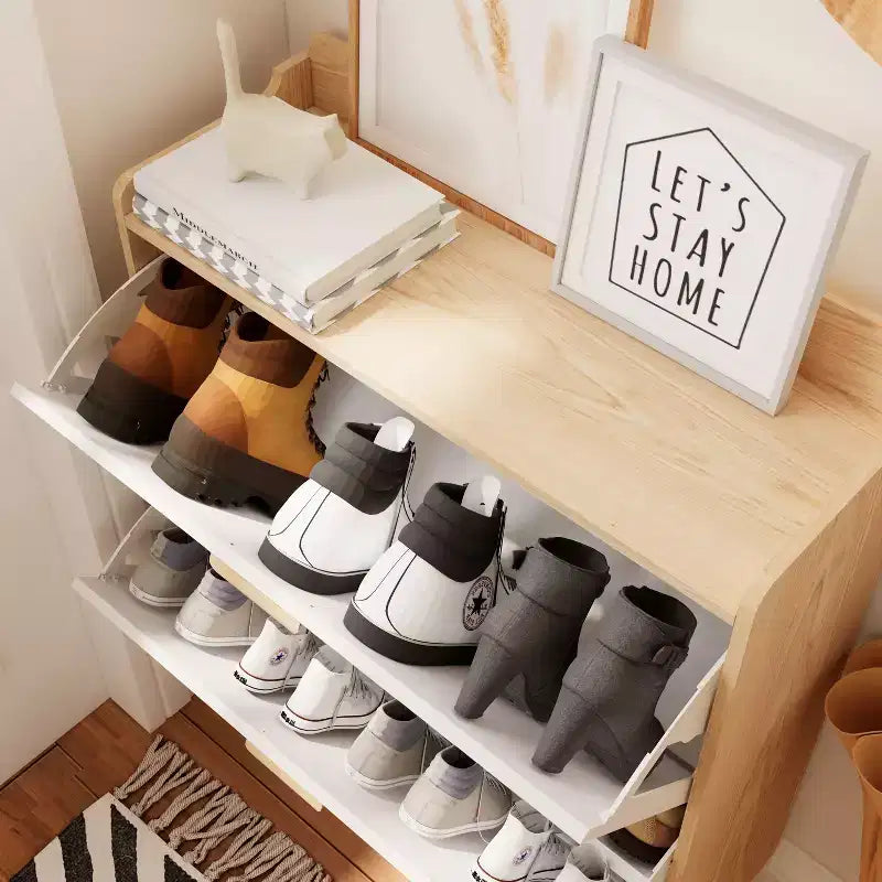 Meuble à chaussures 2 niveaux avec tiroirs basculants et pieds en bois massif