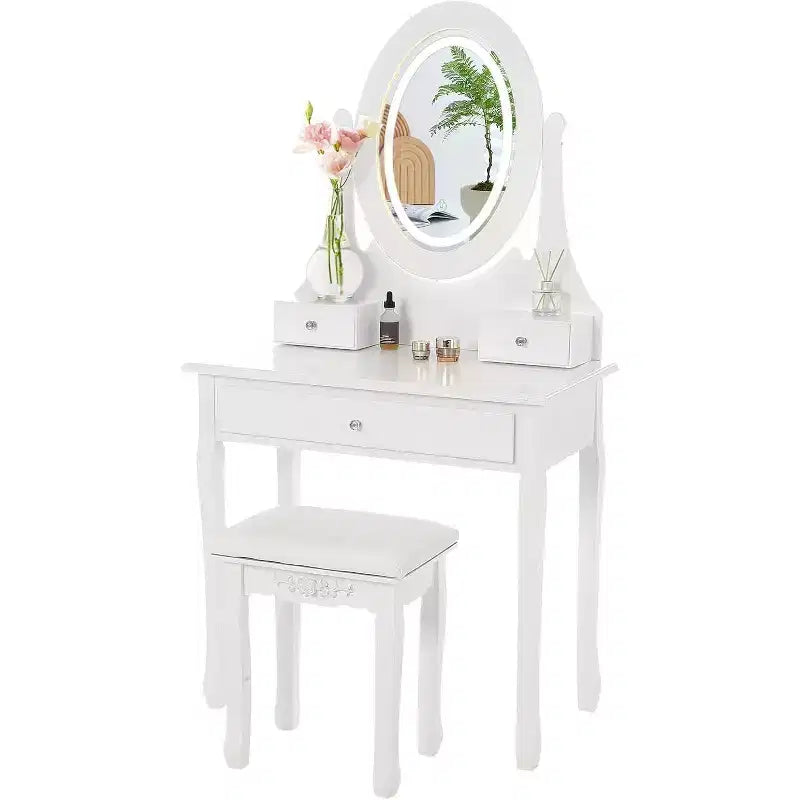 Vanity Desk with Mirror & LED Lights Makeup Table with Cushioned Stool 3 Color Lighting Modes 3 Storage Drawers Bedroom Dressing Table
