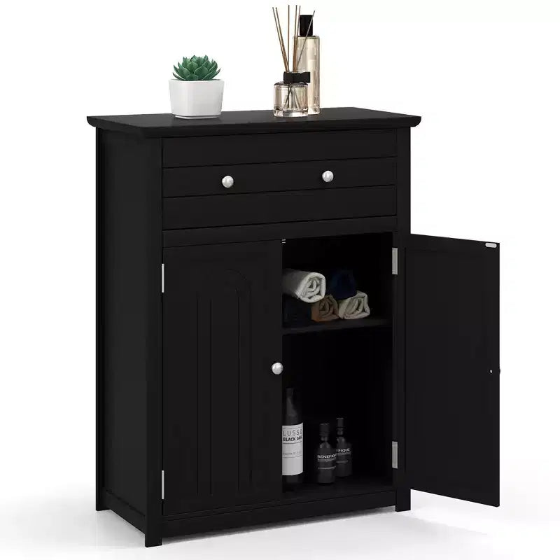 Costway Bathroom Floor Cabinet Wooden Storage Organizer with Drawer & Doors Blcak