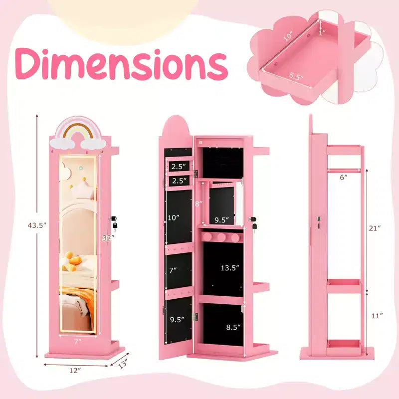 Meuble à bijoux pour enfant 3-en-1 avec miroir pleine longueur éclairé 3 couleurs et portemanteau