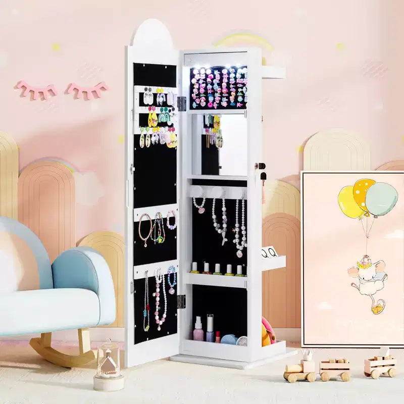 Meuble à bijoux pour enfant 3-en-1 avec miroir pleine longueur éclairé 3 couleurs et portemanteau
