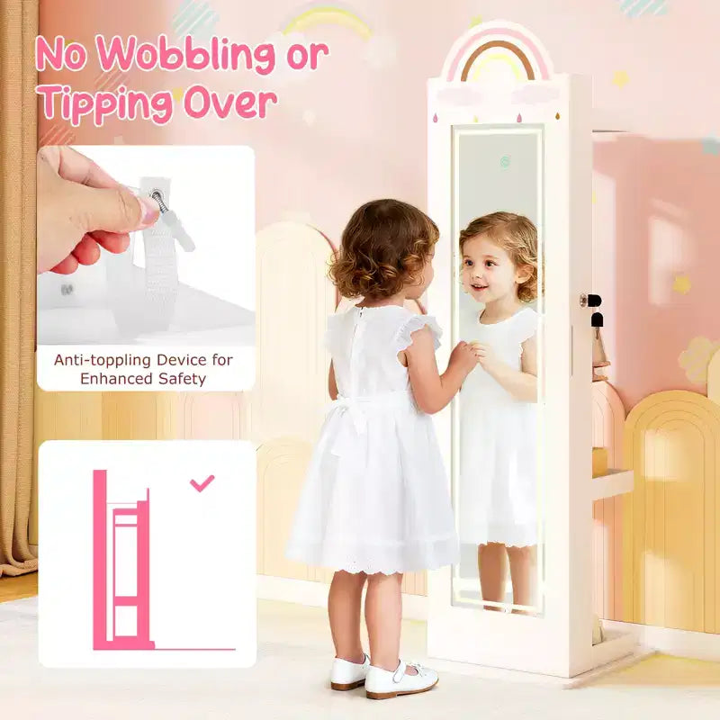 Meuble à bijoux pour enfant 3-en-1 avec miroir pleine longueur éclairé 3 couleurs et portemanteau