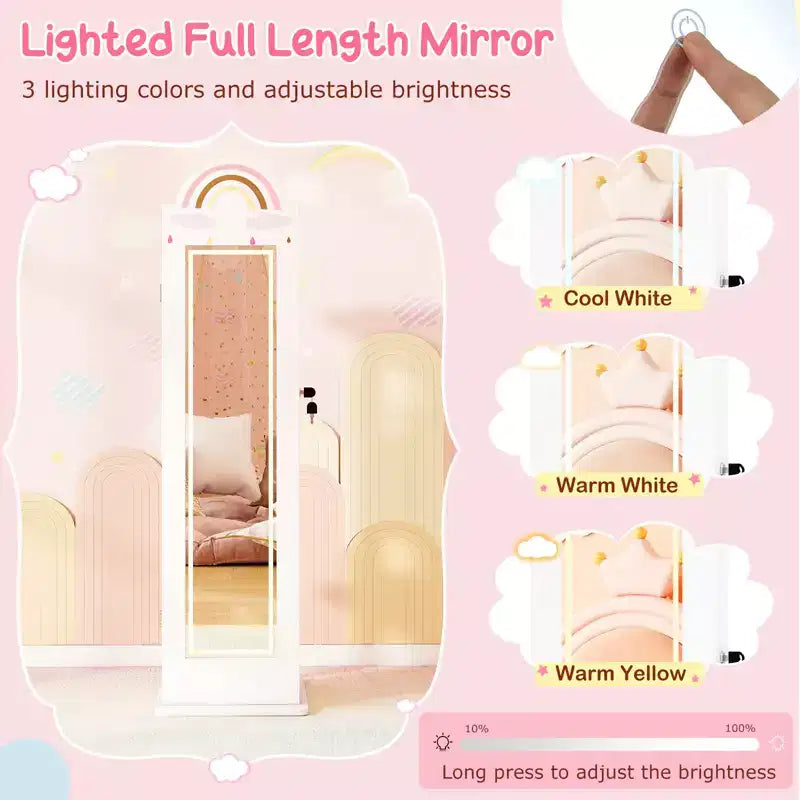Meuble à bijoux pour enfant 3-en-1 avec miroir pleine longueur éclairé 3 couleurs et portemanteau