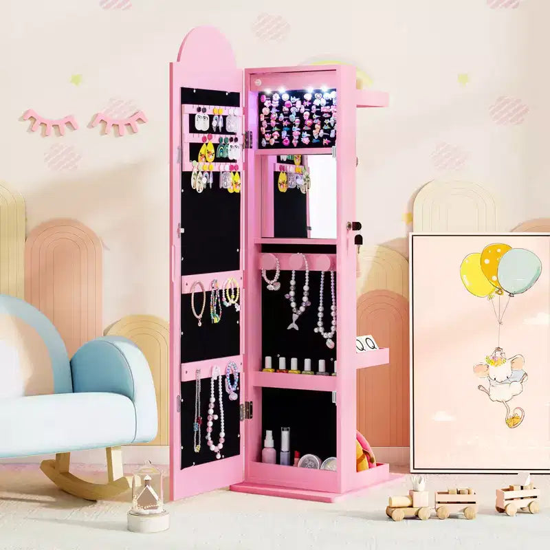 Meuble à bijoux pour enfant 3-en-1 avec miroir pleine longueur éclairé 3 couleurs et portemanteau