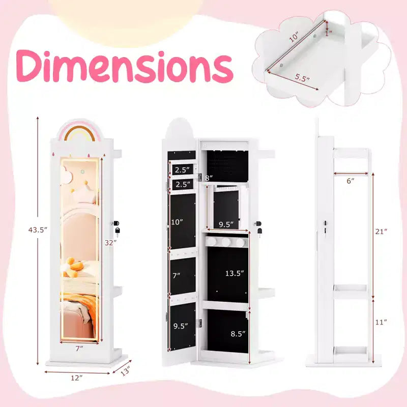 Meuble à bijoux pour enfant 3-en-1 avec miroir pleine longueur éclairé 3 couleurs et portemanteau