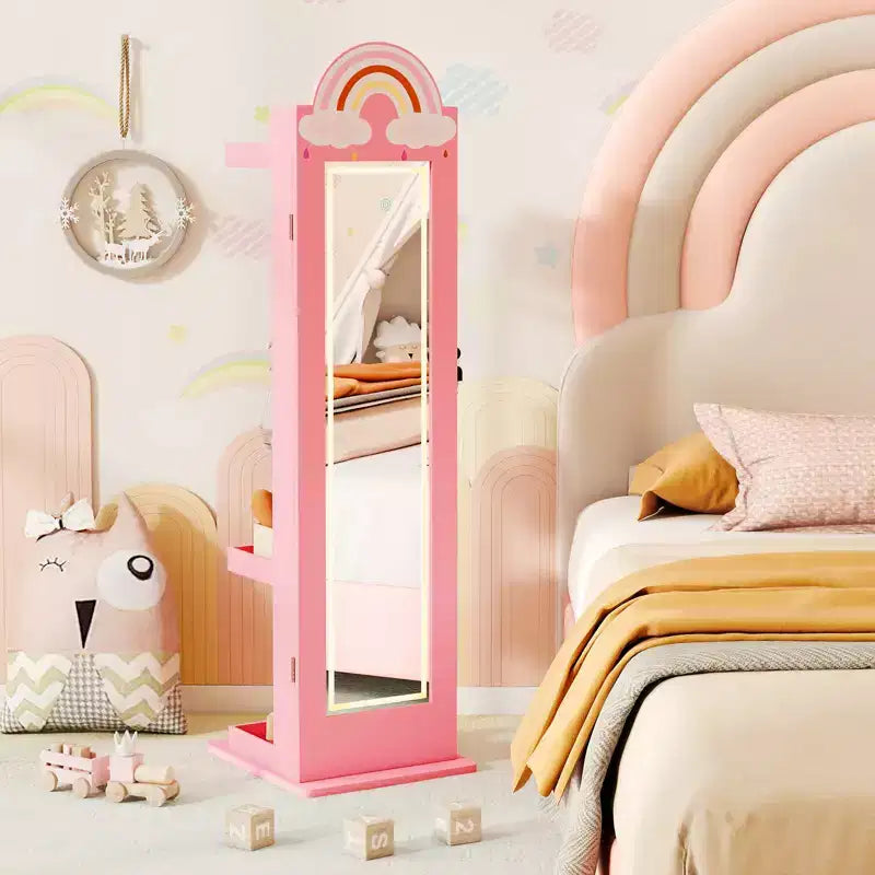 Meuble à bijoux pour enfant 3-en-1 avec miroir pleine longueur éclairé 3 couleurs et portemanteau