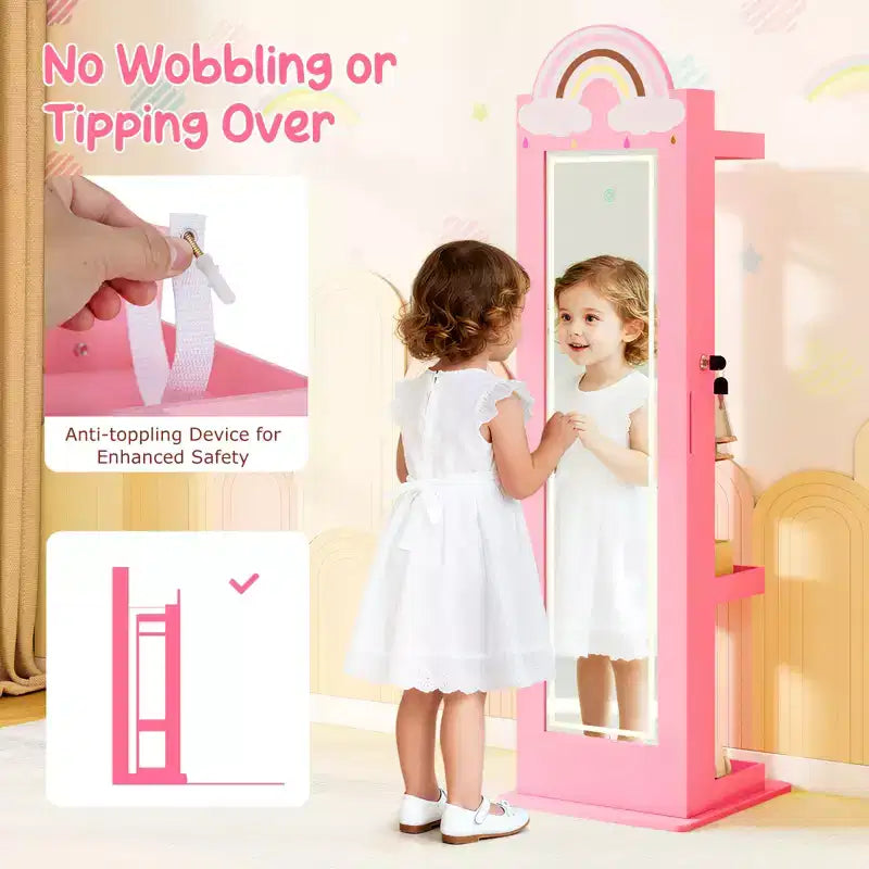 Meuble à bijoux pour enfant 3-en-1 avec miroir pleine longueur éclairé 3 couleurs et portemanteau
