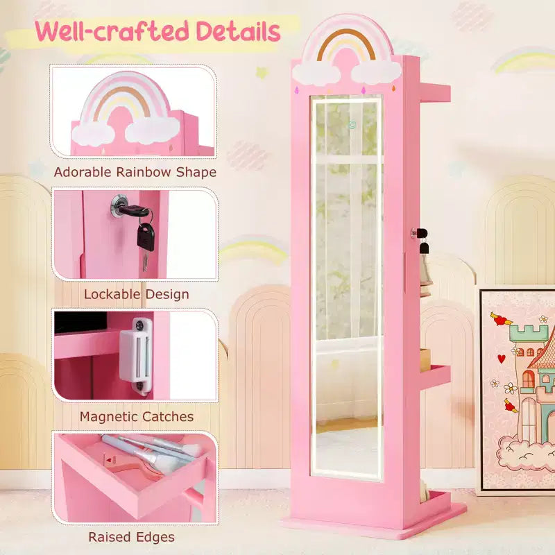 Meuble à bijoux pour enfant 3-en-1 avec miroir pleine longueur éclairé 3 couleurs et portemanteau