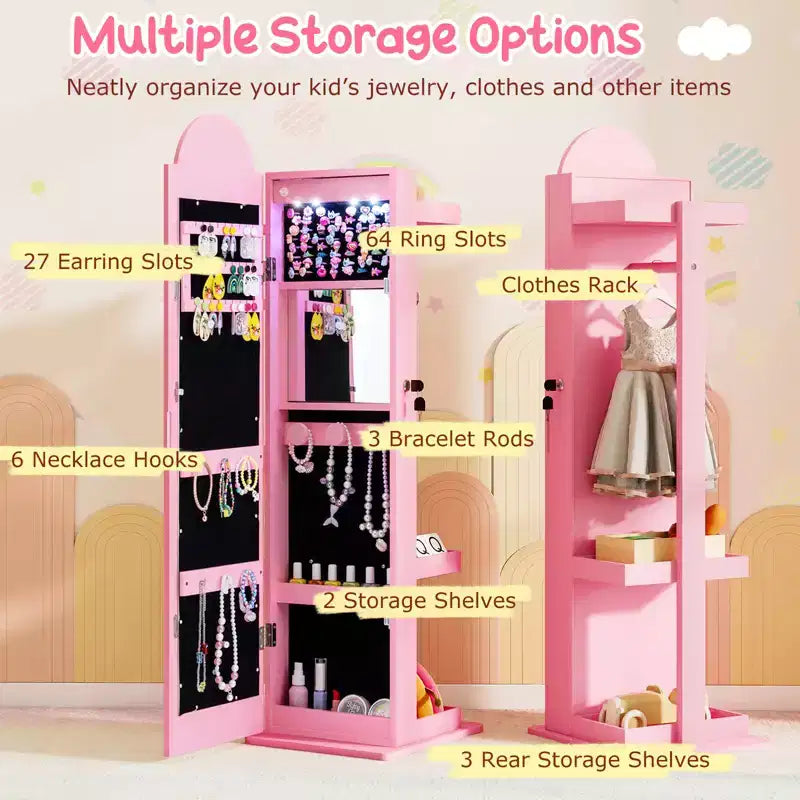Meuble à bijoux pour enfant 3-en-1 avec miroir pleine longueur éclairé 3 couleurs et portemanteau
