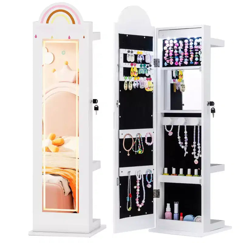 Meuble à bijoux pour enfant 3-en-1 avec miroir pleine longueur éclairé 3 couleurs et portemanteau