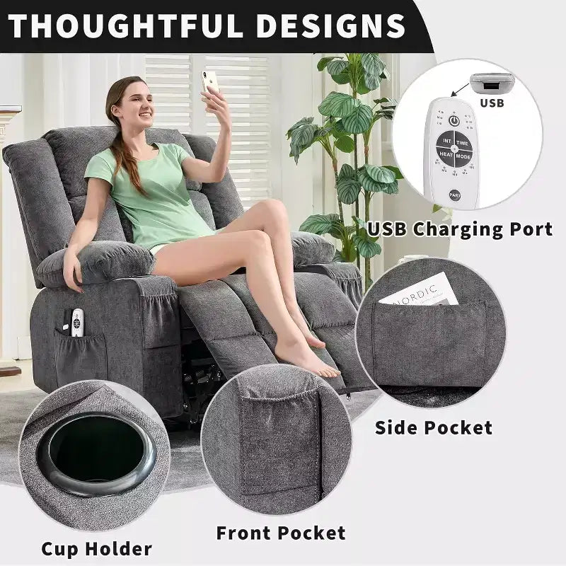 Fauteuil inclinable électrique de relaxation à 3 positions avec massage et fonction de levage