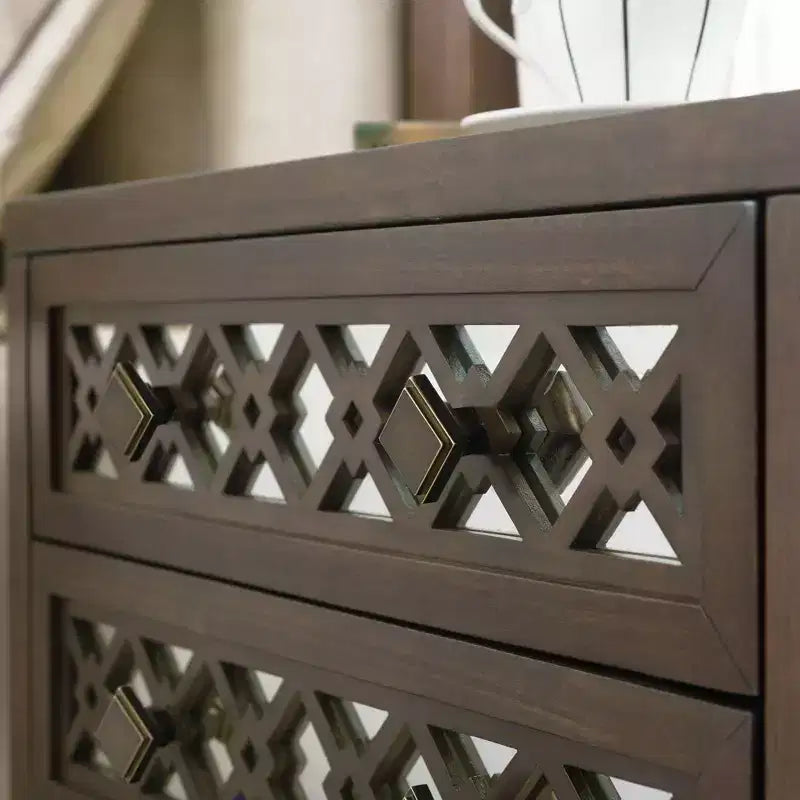 Table de chevet/d'appoint en noyer avec base en X et motif filigrane en losange miroité