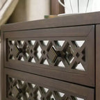 Table de chevet/d'appoint en noyer avec base en X et motif filigrane en losange miroité