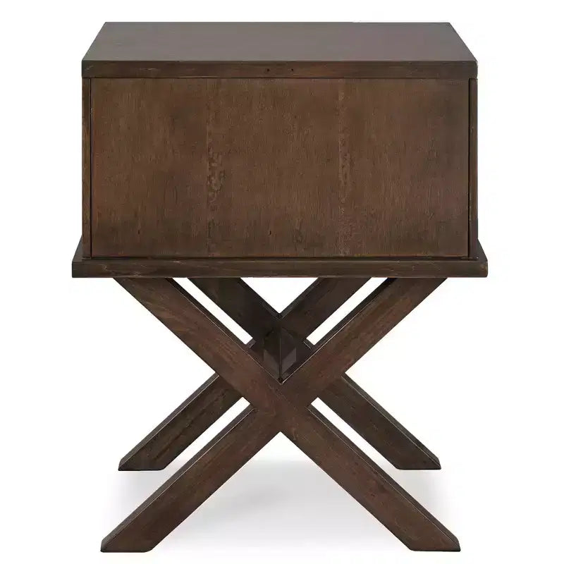 Table de chevet/d'appoint en noyer avec base en X et motif filigrane en losange miroité