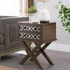 Table de chevet/d'appoint en noyer avec base en X et motif filigrane en losange miroité