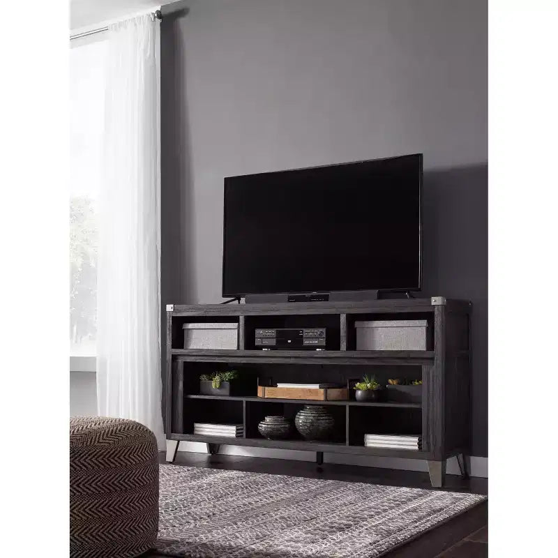 Meuble TV avec cheminée, style Mid-Century, en bois composite et métal