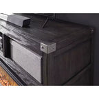 Meuble TV avec cheminée, style Mid-Century, en bois composite et métal