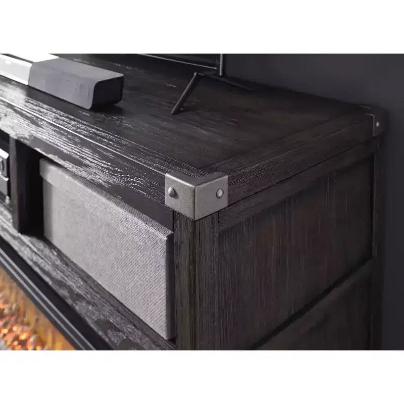 Meuble TV avec cheminée, style Mid-Century, en bois composite et métal