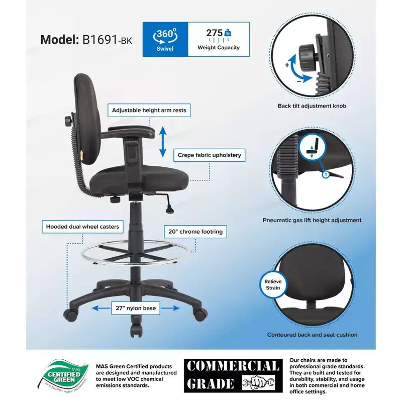 Chaise de bureau noire/tabouret de dessin avec accoudoirs réglables