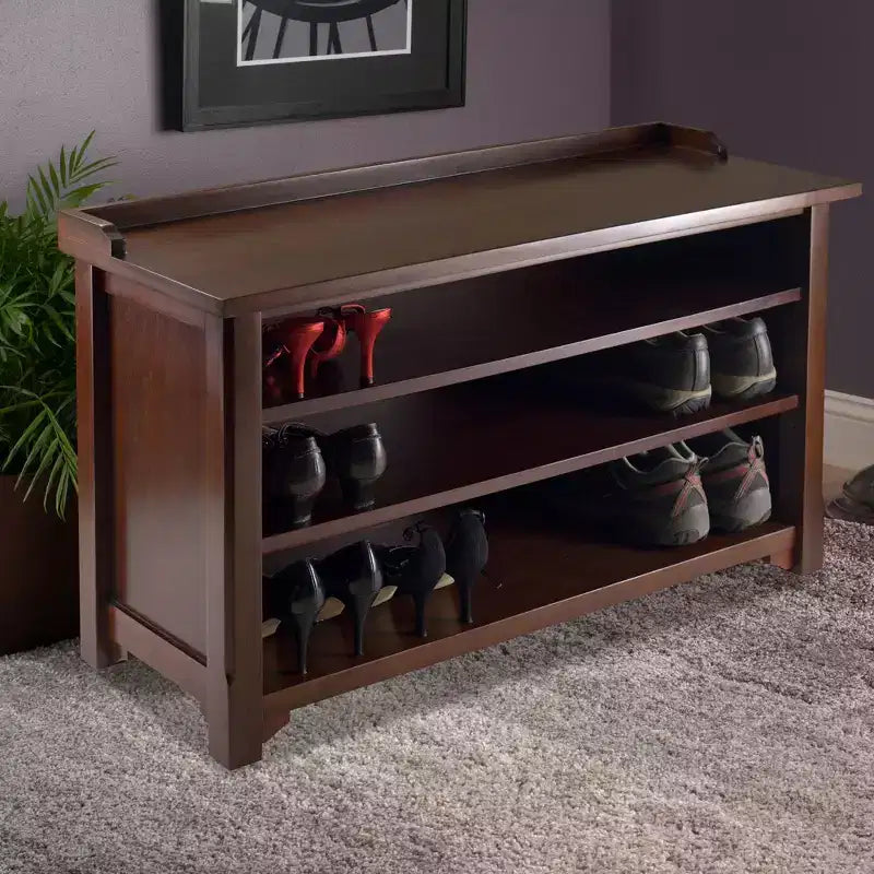 Dayton Entry Storage Bench - Winsome: Antique Walnut Finish 3 Shelves Solid Wood