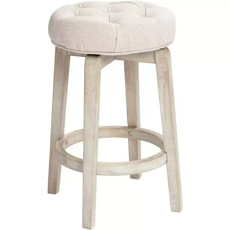 55 Downing Street Shelby White Wood Swivel Bar Stool 26 High Farmhouse Rustic Oatmeal Upholstered Cushion with Footrest for Kitchen Counter Height