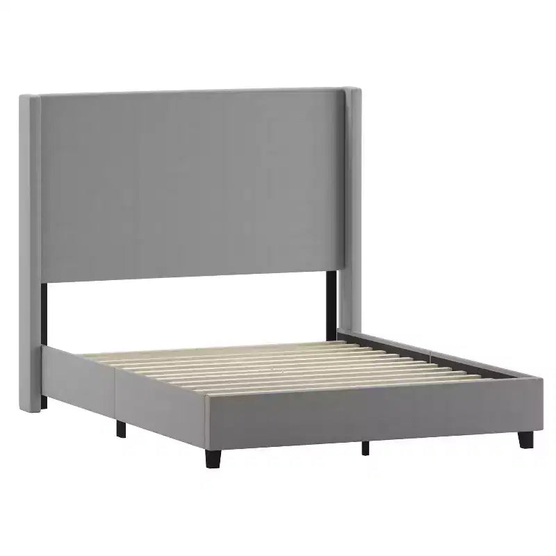 Flash Furniture Quinn Upholstered Platform Bed with Channel Stitched Wingback Headboard Mattress Foundation with Slatted Supports No Box Spring Needed