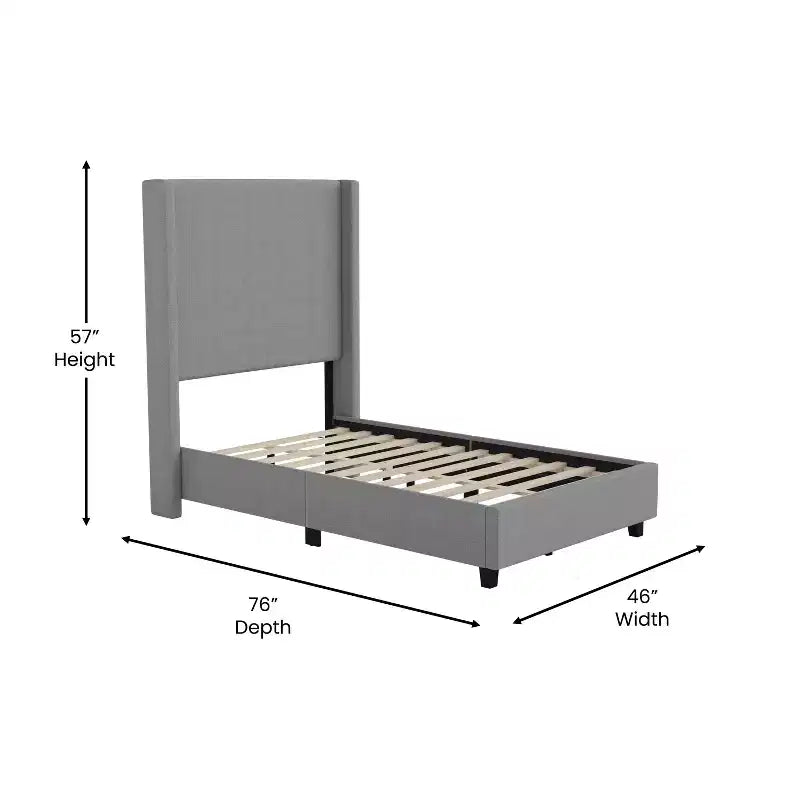 Lit plate-forme capitonné avec tête de lit à dossier ailé et coutures verticales, sommier inclus