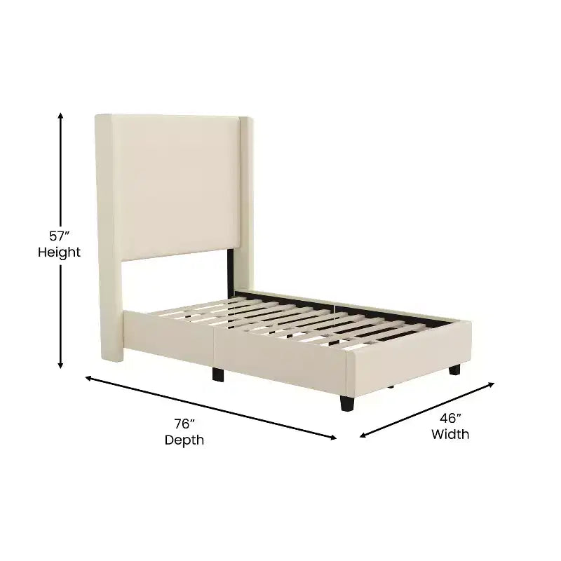 Lit plate-forme capitonné avec tête de lit à dossier ailé et coutures verticales, sommier inclus