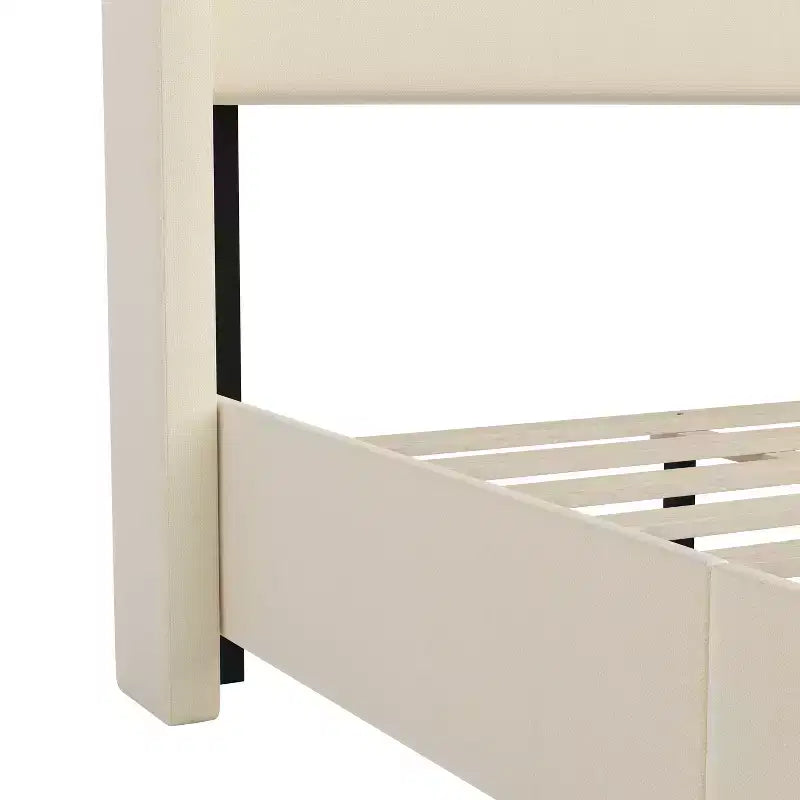 Lit plate-forme capitonné avec tête de lit à dossier ailé et coutures verticales, sommier inclus